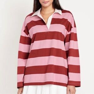 Old Navy Pink and Burgundy Striped Oversized Rugby Polo Sweatshirt